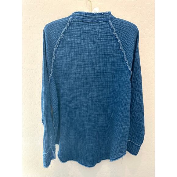 AERIE | Blue Crinkle Gauze Button Front Shirt Oversized Boho Top | XS - Picture 5 of 6